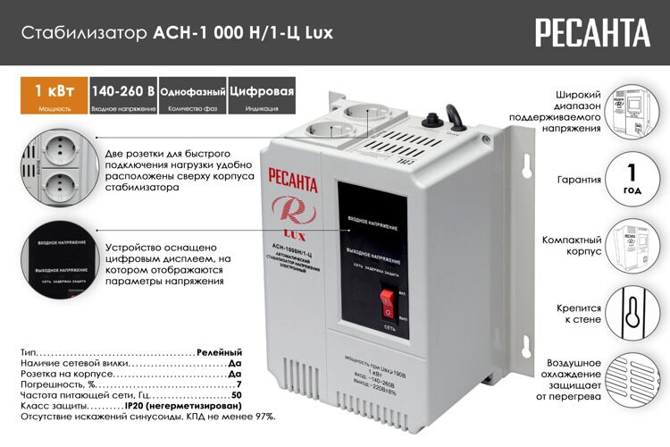 Стабилизатор напряжения Ресанта "LUX" АСН-1000Н/1-Ц 63/6/14
