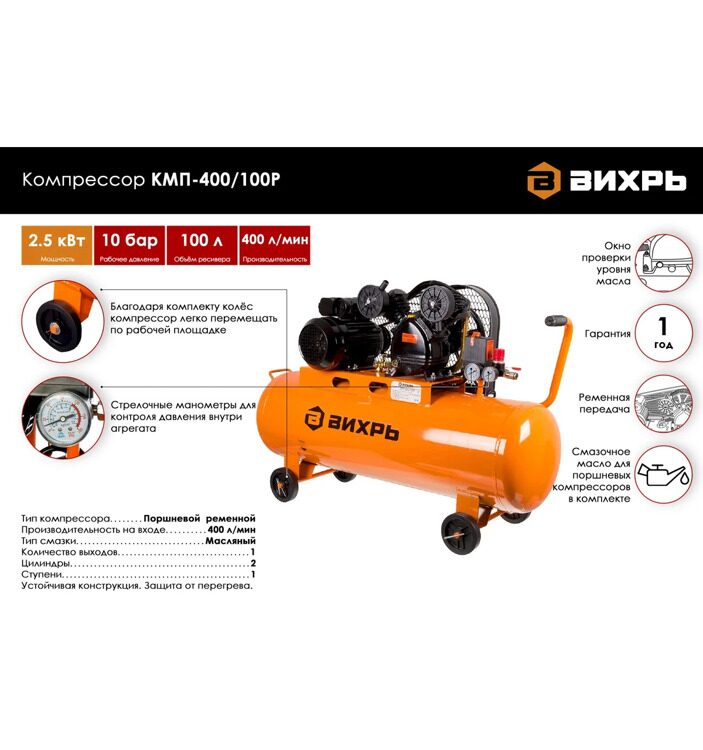 Компрессор поршневой Вихрь КМП-400/100P / 400л/мин / 10бар / 74/3/7