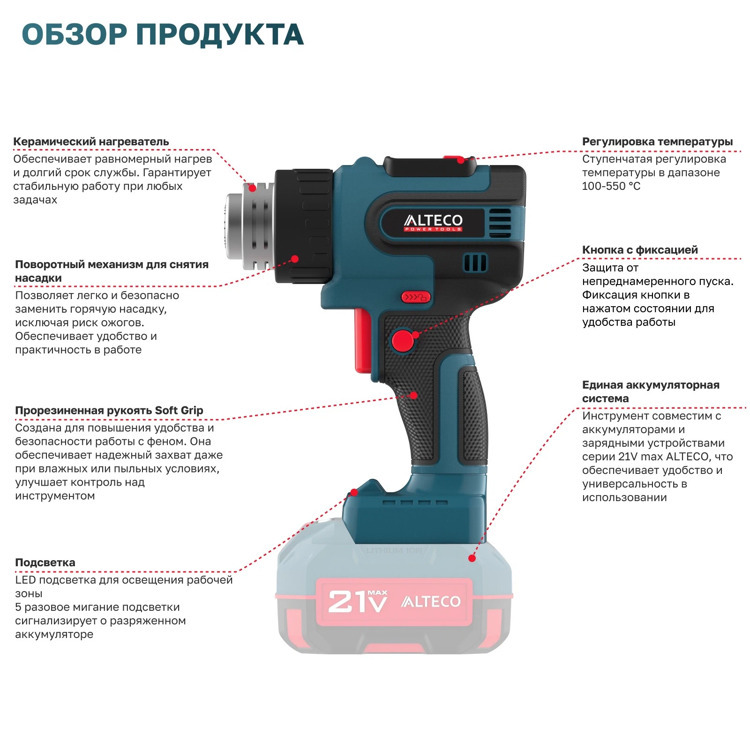 Аккумуляторный технический фен ALTECO CHG 21-550 Solo (без АКБ и ЗУ)
