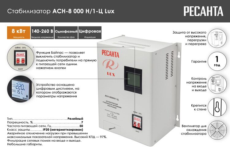 Стабилизатор напряжения Ресанта "LUX" АСН-8000Н/1-Ц 63/6/17
